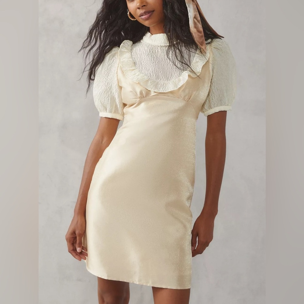 Sister Jane Cream Satin Mini Dress with Ruffle Yoke